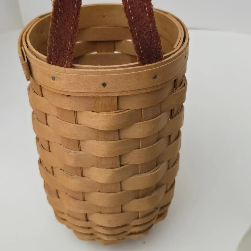 Longaberger 2003 Tall Hanging Basket Brown Liner Leather Strap Farmhouse Decor